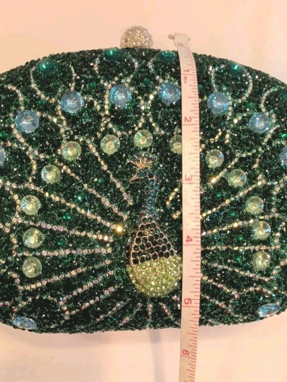 Purse Peacock Green & Blue Crystal Beaded Clutch Detachable Chain & Handle 8